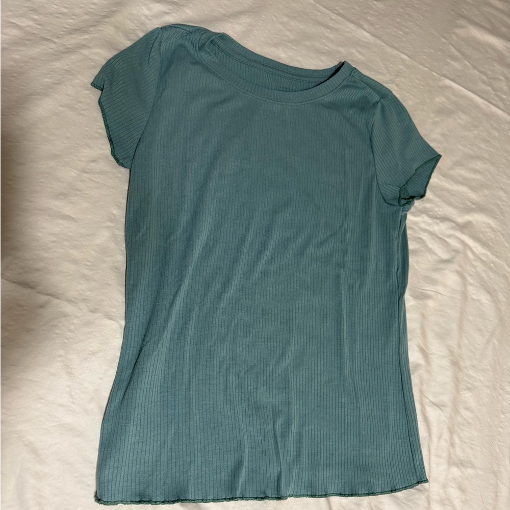 Elegant Teal Short Sleeve Ribbed Top